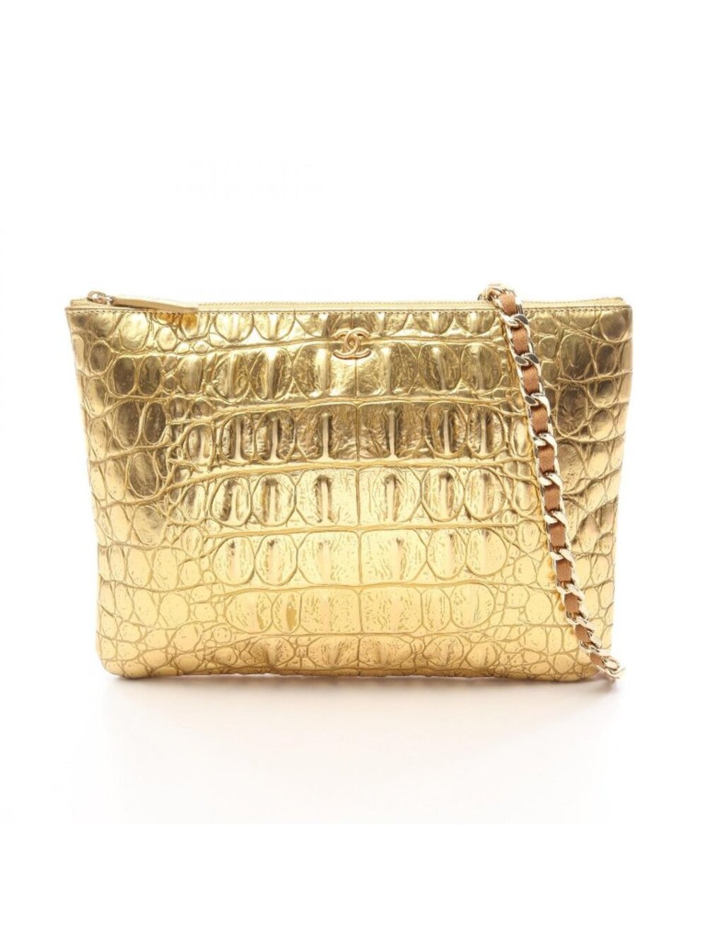 Chanel Shoulder Bag Croco Embossed Metallic Gold Leather Chain